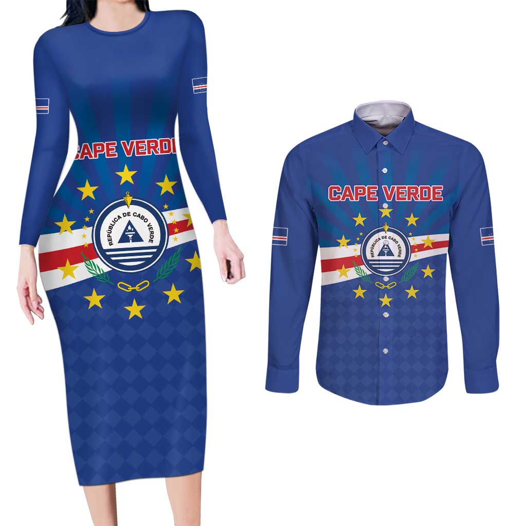 Cape Verde Football 2026 Couples Matching Long Sleeve Bodycon Dress and Long Sleeve Button Shirt Historic First World Cup Appearance - Wonder Print Shop