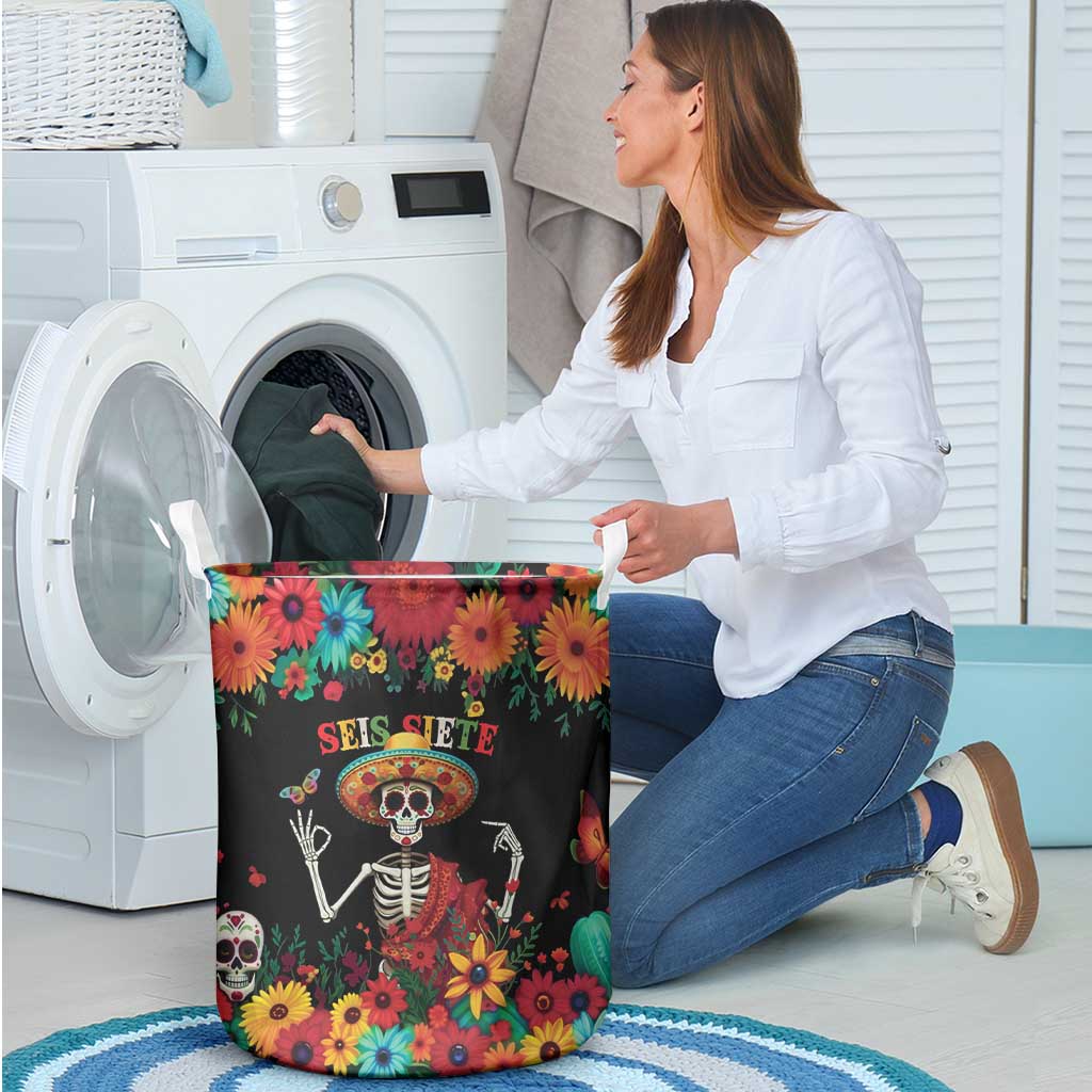 Seis Siete Dia de los Muertos Laundry Basket Mexican Funny 67 Calaca Skeleton Sombrero - Wonder Print Shop
