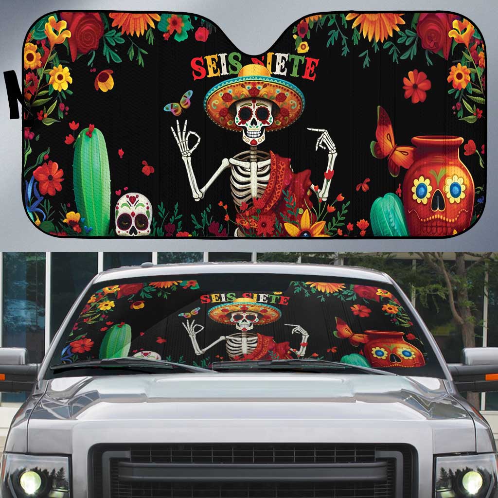 Seis Siete Dia de los Muertos Auto Sun Shade Mexican Funny 67 Calaca Skeleton Sombrero - Wonder Print Shop