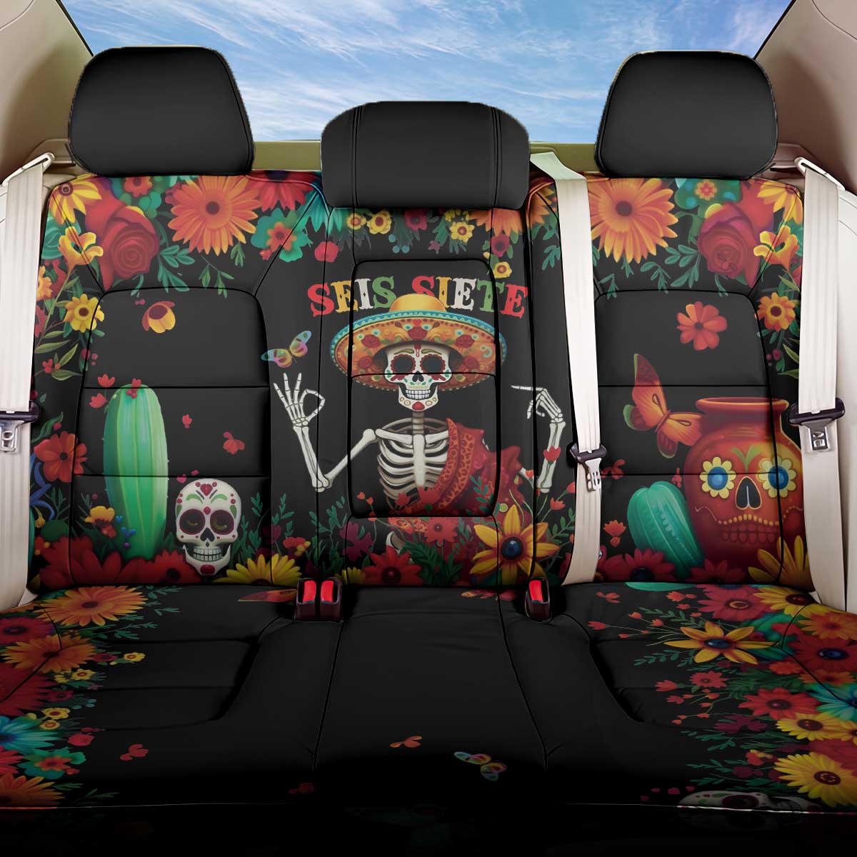Seis Siete Dia de los Muertos Back Car Seat Cover Mexican Funny 67 Calaca Skeleton Sombrero - Wonder Print Shop