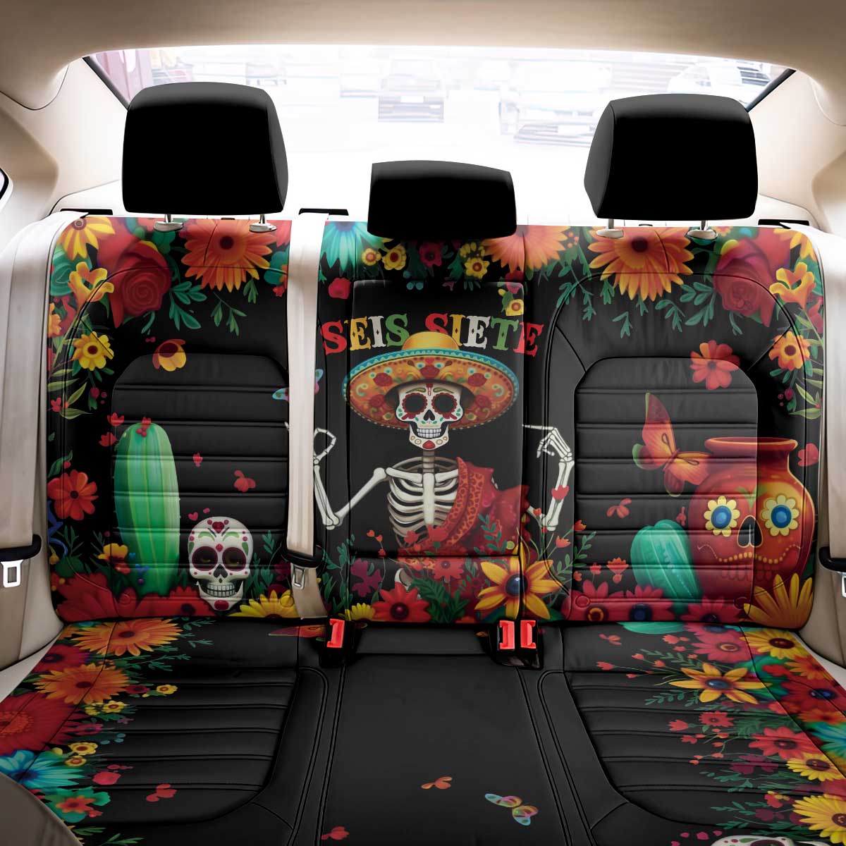Seis Siete Dia de los Muertos Back Car Seat Cover Mexican Funny 67 Calaca Skeleton Sombrero - Wonder Print Shop
