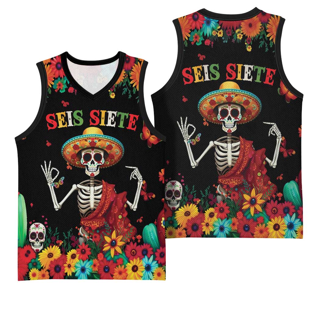 Seis Siete Dia de los Muertos Basketball Jersey Mexican Funny 67 Calaca Skeleton Sombrero - Wonder Print Shop