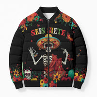 Seis Siete Dia de los Muertos Bomber Puffer Jacket Mexican Funny 67 Calaca Skeleton Sombrero - Wonder Print Shop