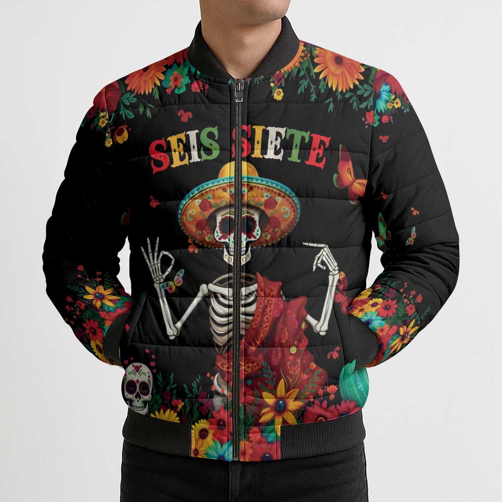 Seis Siete Dia de los Muertos Bomber Puffer Jacket Mexican Funny 67 Calaca Skeleton Sombrero - Wonder Print Shop