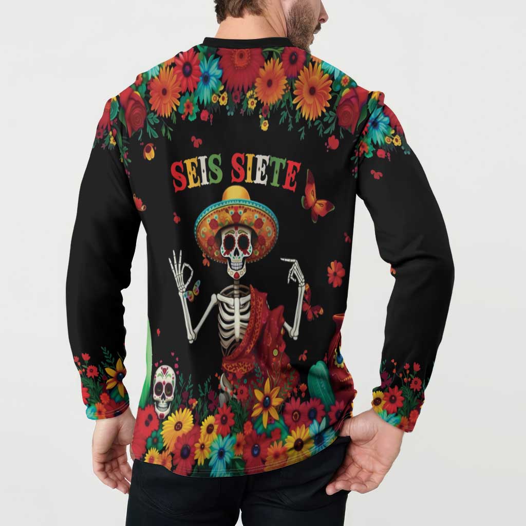 Seis Siete Dia de los Muertos Button Sweatshirt Mexican Funny 67 Calaca Skeleton Sombrero - Wonder Print Shop