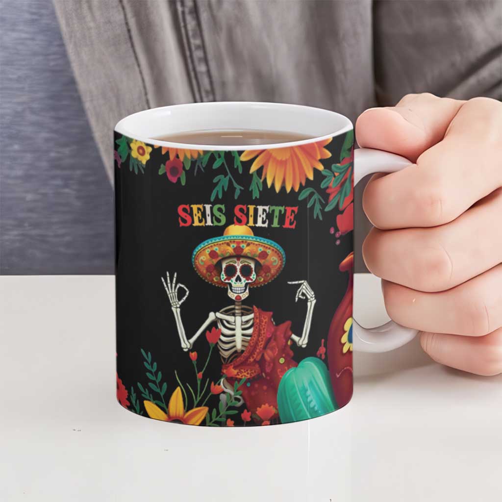 Seis Siete Dia de los Muertos Ceramic Mug Mexican Funny 67 Calaca Skeleton Sombrero - Wonder Print Shop