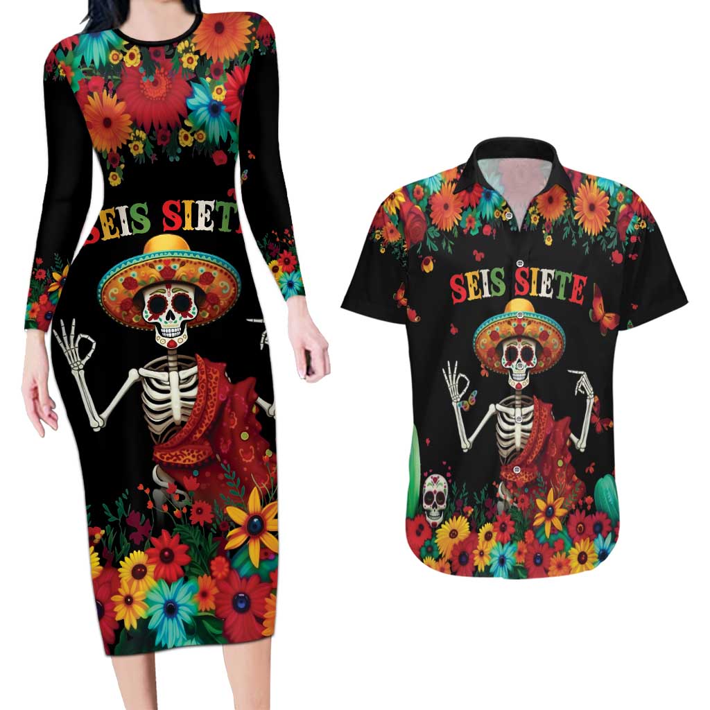Seis Siete Dia de los Muertos Couples Matching Long Sleeve Bodycon Dress and Hawaiian Shirt Mexican Funny 67 Calaca Skeleton Sombrero - Wonder Print Shop