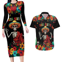 Seis Siete Dia de los Muertos Couples Matching Long Sleeve Bodycon Dress and Hawaiian Shirt Mexican Funny 67 Calaca Skeleton Sombrero - Wonder Print Shop