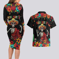 Seis Siete Dia de los Muertos Couples Matching Long Sleeve Bodycon Dress and Hawaiian Shirt Mexican Funny 67 Calaca Skeleton Sombrero - Wonder Print Shop