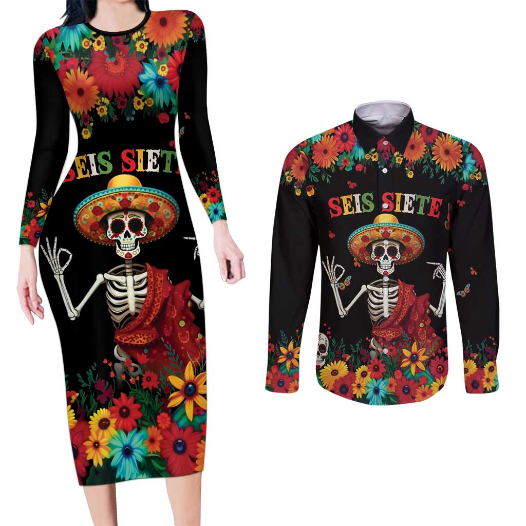 Seis Siete Dia de los Muertos Couples Matching Long Sleeve Bodycon Dress and Long Sleeve Button Shirt Mexican Funny 67 Calaca Skeleton Sombrero - Wonder Print Shop