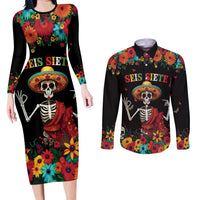 Seis Siete Dia de los Muertos Couples Matching Long Sleeve Bodycon Dress and Long Sleeve Button Shirt Mexican Funny 67 Calaca Skeleton Sombrero - Wonder Print Shop