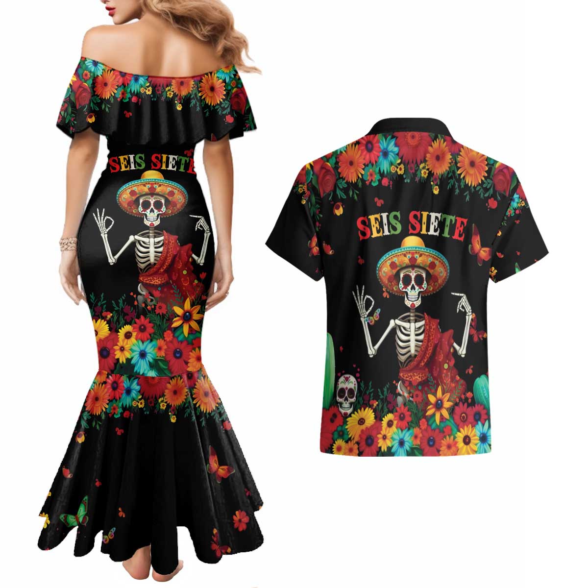 Seis Siete Dia de los Muertos Couples Matching Mermaid Dress and Hawaiian Shirt Mexican Funny 67 Calaca Skeleton Sombrero - Wonder Print Shop