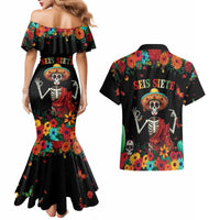 Seis Siete Dia de los Muertos Couples Matching Mermaid Dress and Hawaiian Shirt Mexican Funny 67 Calaca Skeleton Sombrero - Wonder Print Shop