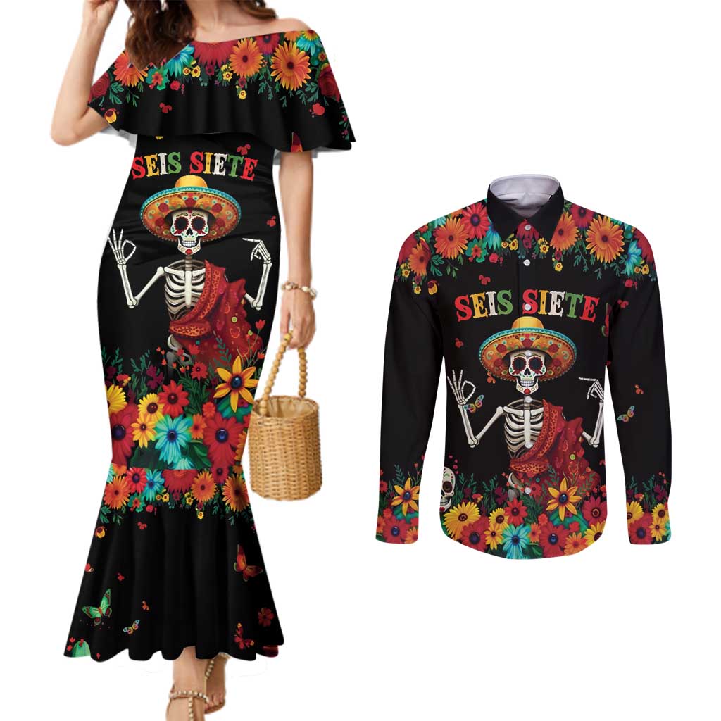 Seis Siete Dia de los Muertos Couples Matching Mermaid Dress and Long Sleeve Button Shirt Mexican Funny 67 Calaca Skeleton Sombrero - Wonder Print Shop
