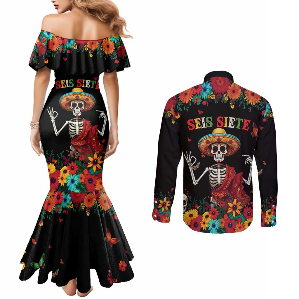 Seis Siete Dia de los Muertos Couples Matching Mermaid Dress and Long Sleeve Button Shirt Mexican Funny 67 Calaca Skeleton Sombrero - Wonder Print Shop