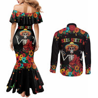 Seis Siete Dia de los Muertos Couples Matching Mermaid Dress and Long Sleeve Button Shirt Mexican Funny 67 Calaca Skeleton Sombrero - Wonder Print Shop