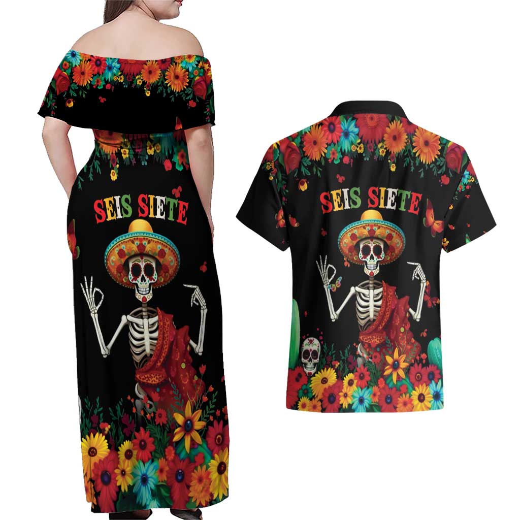 Seis Siete Dia de los Muertos Couples Matching Off Shoulder Maxi Dress and Hawaiian Shirt Mexican Funny 67 Calaca Skeleton Sombrero - Wonder Print Shop