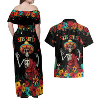 Seis Siete Dia de los Muertos Couples Matching Off Shoulder Maxi Dress and Hawaiian Shirt Mexican Funny 67 Calaca Skeleton Sombrero - Wonder Print Shop