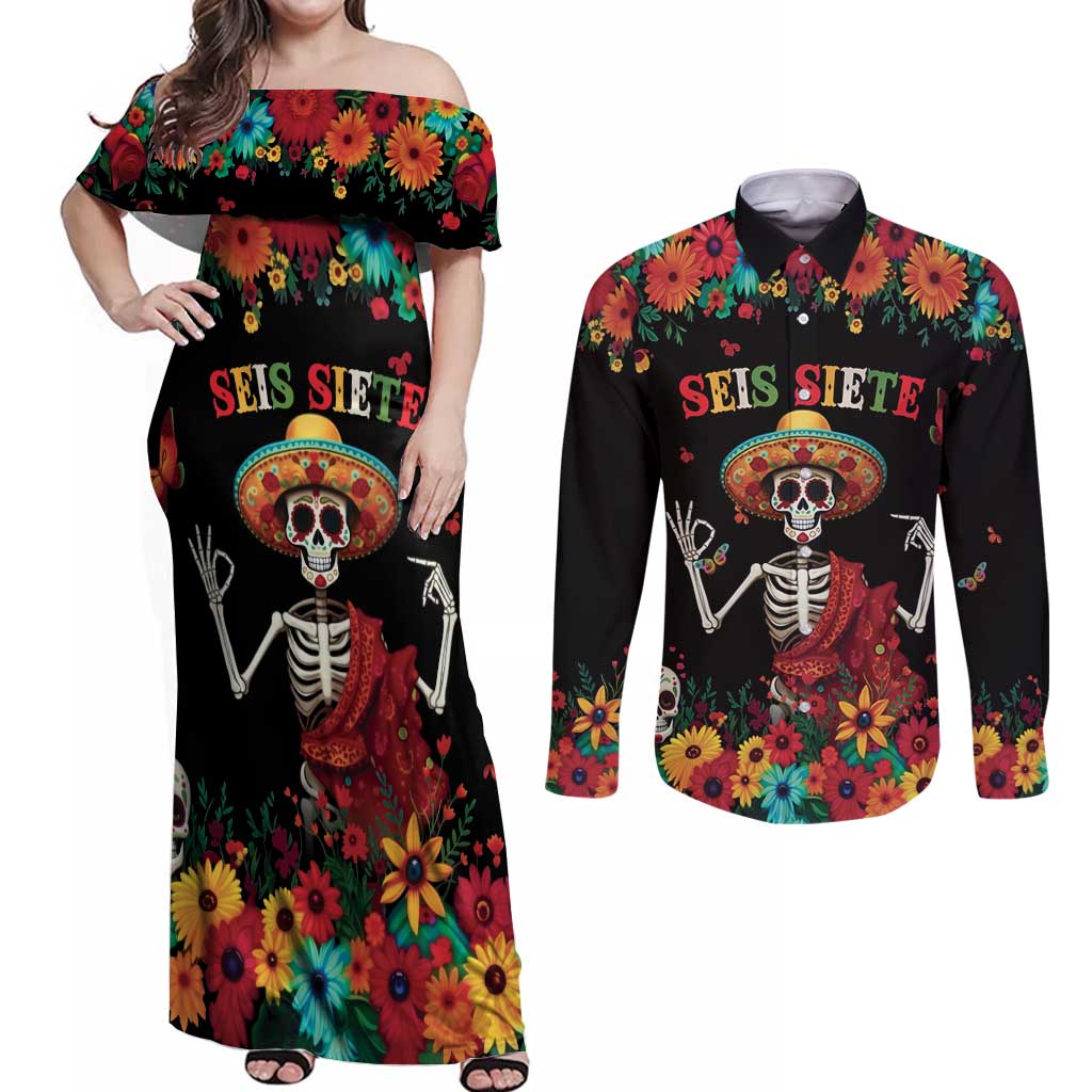 Seis Siete Dia de los Muertos Couples Matching Off Shoulder Maxi Dress and Long Sleeve Button Shirt Mexican Funny 67 Calaca Skeleton Sombrero - Wonder Print Shop