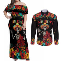 Seis Siete Dia de los Muertos Couples Matching Off Shoulder Maxi Dress and Long Sleeve Button Shirt Mexican Funny 67 Calaca Skeleton Sombrero - Wonder Print Shop