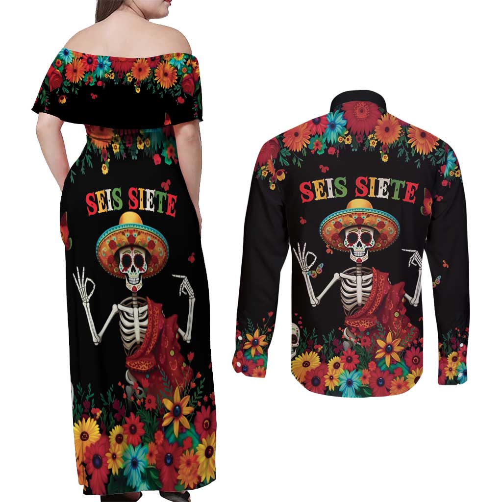 Seis Siete Dia de los Muertos Couples Matching Off Shoulder Maxi Dress and Long Sleeve Button Shirt Mexican Funny 67 Calaca Skeleton Sombrero - Wonder Print Shop