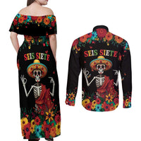 Seis Siete Dia de los Muertos Couples Matching Off Shoulder Maxi Dress and Long Sleeve Button Shirt Mexican Funny 67 Calaca Skeleton Sombrero - Wonder Print Shop