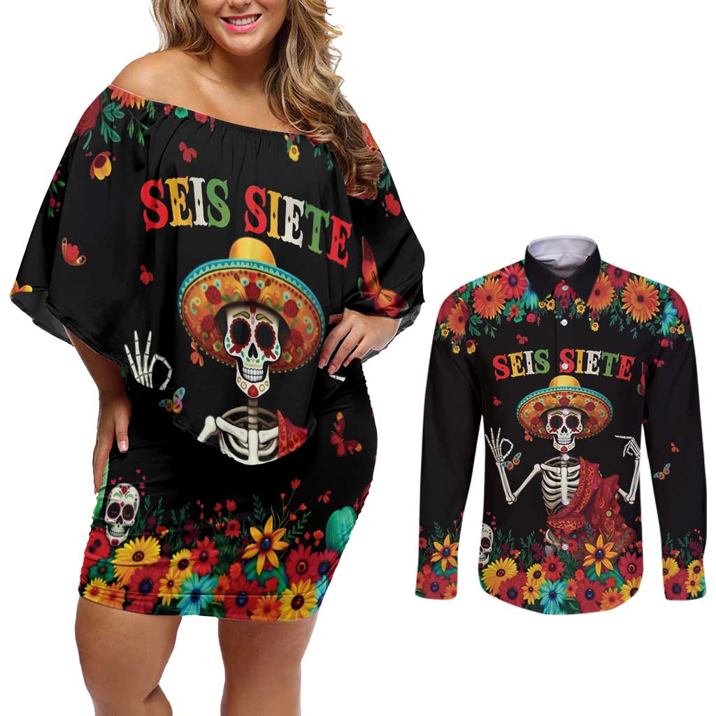 Seis Siete Dia de los Muertos Couples Matching Off Shoulder Short Dress and Long Sleeve Button Shirt Mexican Funny 67 Calaca Skeleton Sombrero - Wonder Print Shop