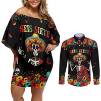 Seis Siete Dia de los Muertos Couples Matching Off Shoulder Short Dress and Long Sleeve Button Shirt Mexican Funny 67 Calaca Skeleton Sombrero - Wonder Print Shop