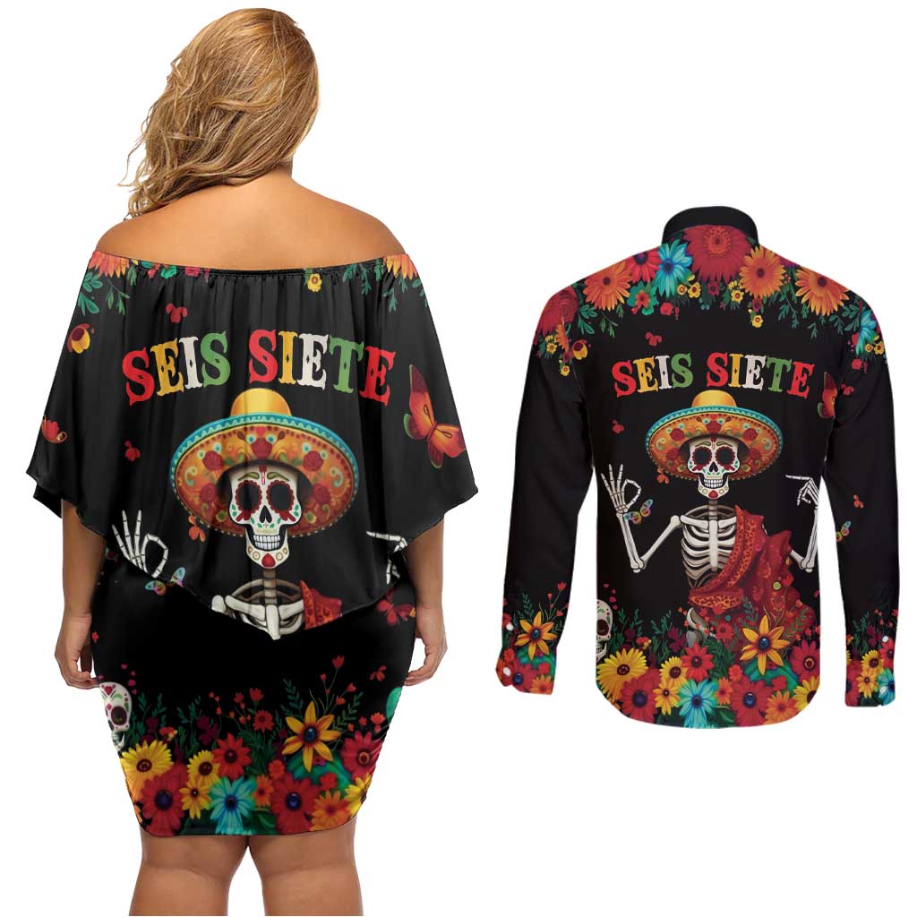 Seis Siete Dia de los Muertos Couples Matching Off Shoulder Short Dress and Long Sleeve Button Shirt Mexican Funny 67 Calaca Skeleton Sombrero - Wonder Print Shop