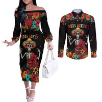 Seis Siete Dia de los Muertos Couples Matching Off The Shoulder Long Sleeve Dress and Long Sleeve Button Shirt Mexican Funny 67 Calaca Skeleton Sombrero - Wonder Print Shop