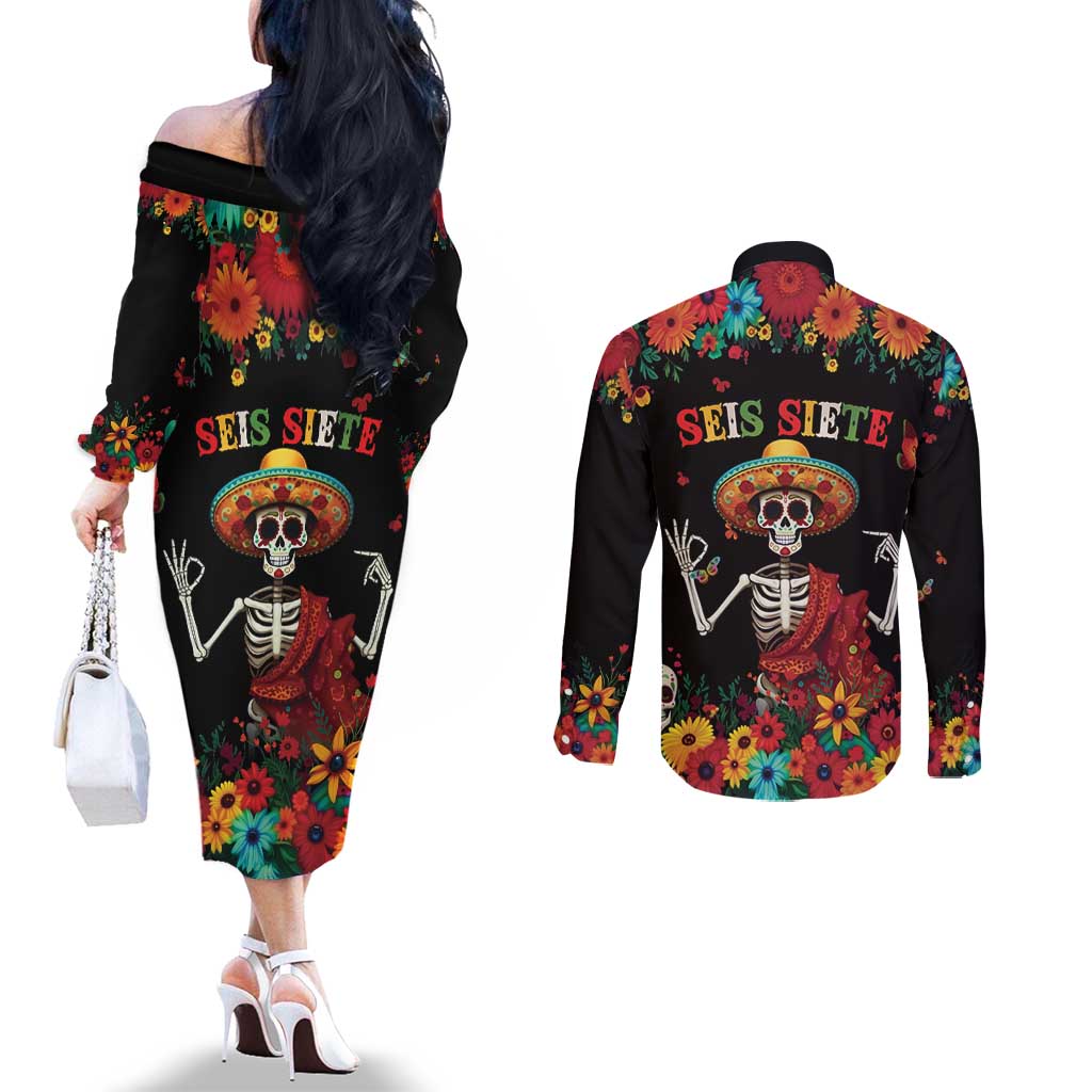 Seis Siete Dia de los Muertos Couples Matching Off The Shoulder Long Sleeve Dress and Long Sleeve Button Shirt Mexican Funny 67 Calaca Skeleton Sombrero - Wonder Print Shop