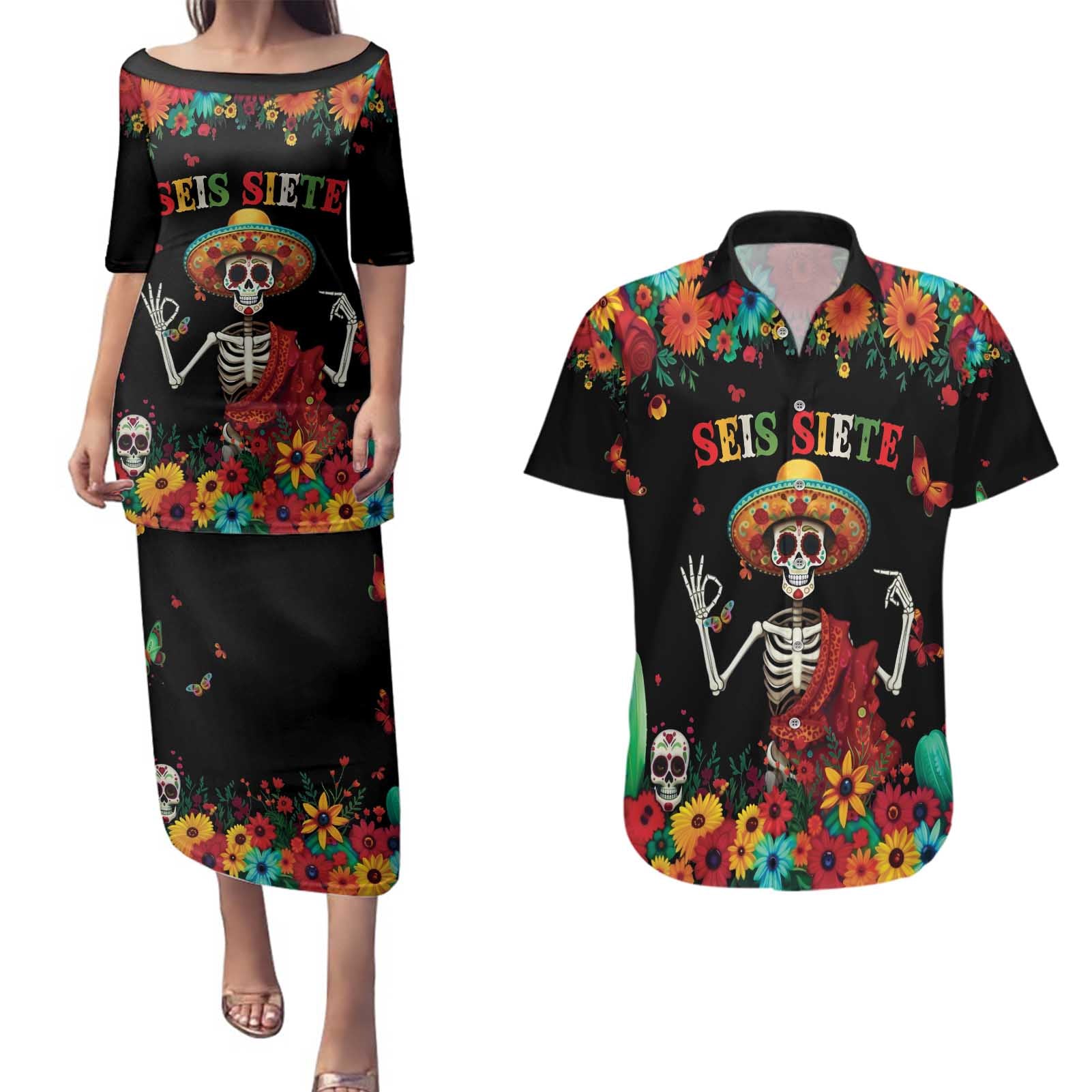 Seis Siete Dia de los Muertos Couples Matching Puletasi and Hawaiian Shirt Mexican Funny 67 Calaca Skeleton Sombrero - Wonder Print Shop