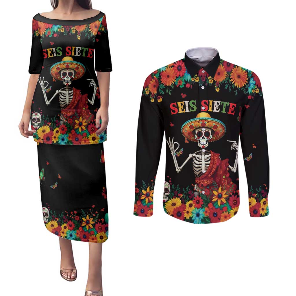 Seis Siete Dia de los Muertos Couples Matching Puletasi and Long Sleeve Button Shirt Mexican Funny 67 Calaca Skeleton Sombrero - Wonder Print Shop