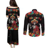 Seis Siete Dia de los Muertos Couples Matching Puletasi and Long Sleeve Button Shirt Mexican Funny 67 Calaca Skeleton Sombrero - Wonder Print Shop