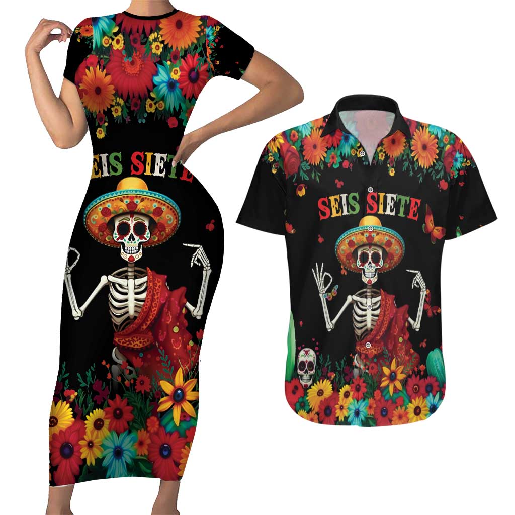 Seis Siete Dia de los Muertos Couples Matching Short Sleeve Bodycon Dress and Hawaiian Shirt Mexican Funny 67 Calaca Skeleton Sombrero - Wonder Print Shop