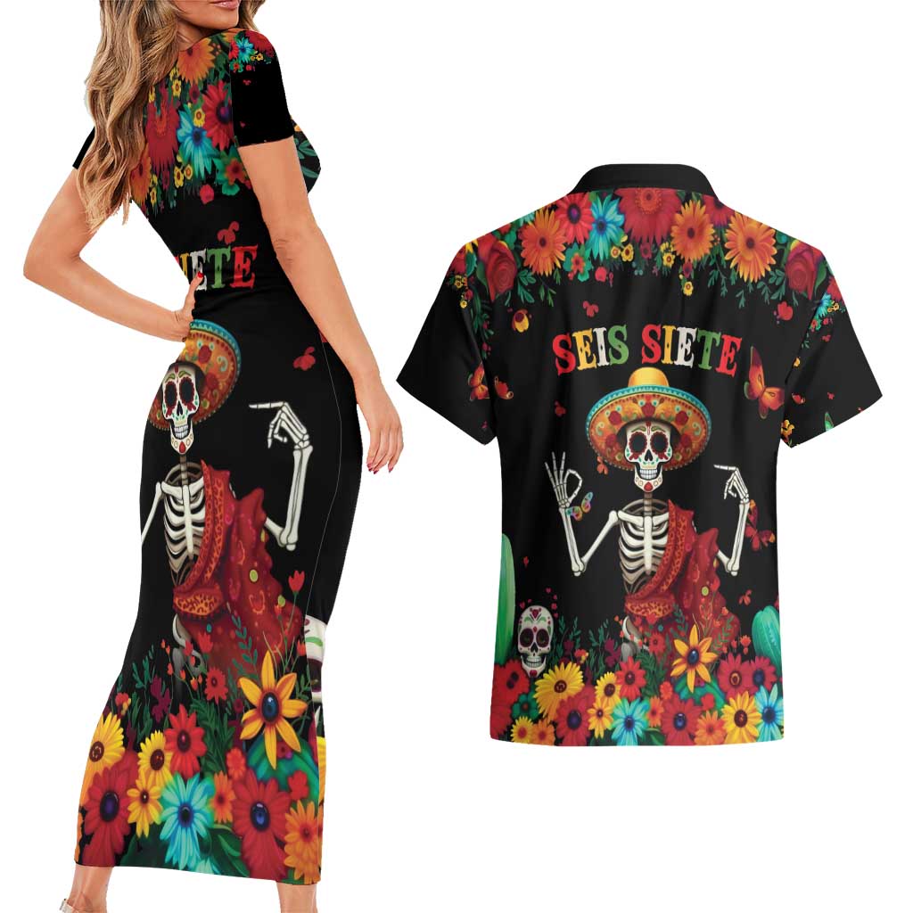 Seis Siete Dia de los Muertos Couples Matching Short Sleeve Bodycon Dress and Hawaiian Shirt Mexican Funny 67 Calaca Skeleton Sombrero - Wonder Print Shop