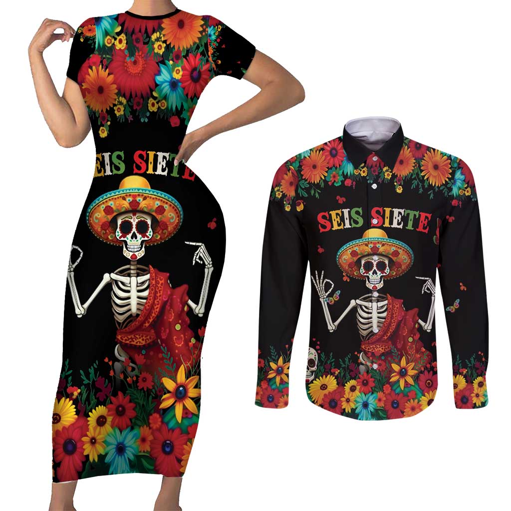 Seis Siete Dia de los Muertos Couples Matching Short Sleeve Bodycon Dress and Long Sleeve Button Shirt Mexican Funny 67 Calaca Skeleton Sombrero - Wonder Print Shop