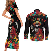 Seis Siete Dia de los Muertos Couples Matching Short Sleeve Bodycon Dress and Long Sleeve Button Shirt Mexican Funny 67 Calaca Skeleton Sombrero - Wonder Print Shop