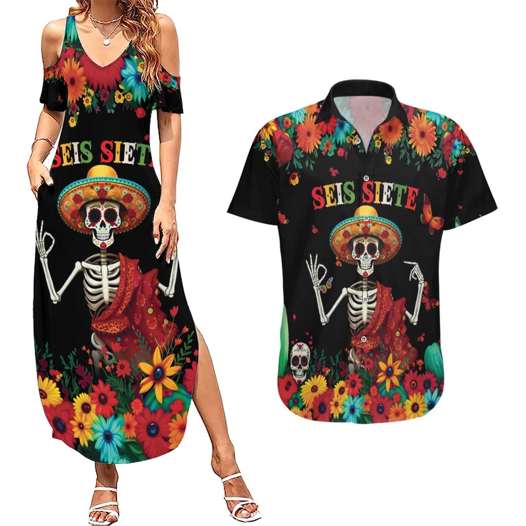 Seis Siete Dia de los Muertos Couples Matching Summer Maxi Dress and Hawaiian Shirt Mexican Funny 67 Calaca Skeleton Sombrero - Wonder Print Shop