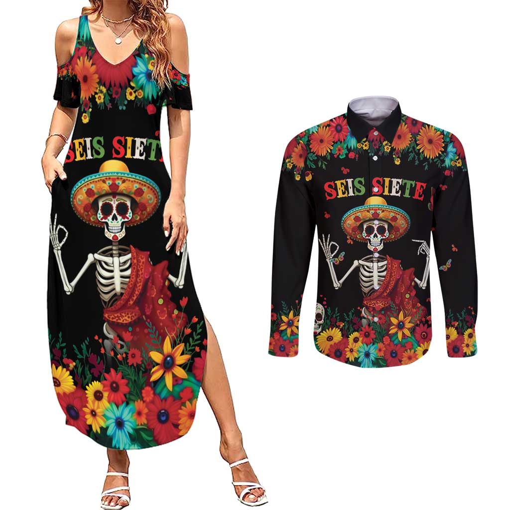 Seis Siete Dia de los Muertos Couples Matching Summer Maxi Dress and Long Sleeve Button Shirt Mexican Funny 67 Calaca Skeleton Sombrero - Wonder Print Shop
