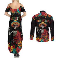 Seis Siete Dia de los Muertos Couples Matching Summer Maxi Dress and Long Sleeve Button Shirt Mexican Funny 67 Calaca Skeleton Sombrero - Wonder Print Shop
