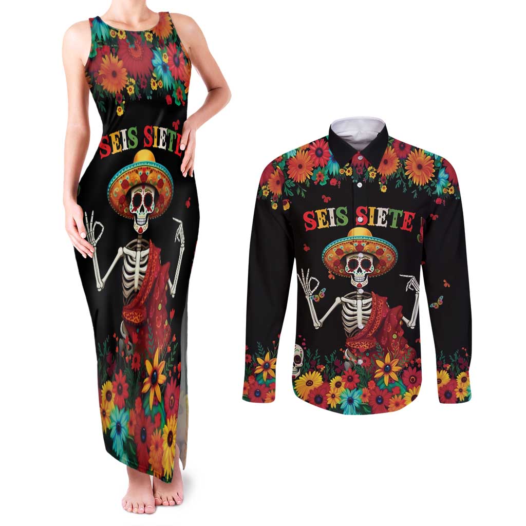 Seis Siete Dia de los Muertos Couples Matching Tank Maxi Dress and Long Sleeve Button Shirt Mexican Funny 67 Calaca Skeleton Sombrero - Wonder Print Shop