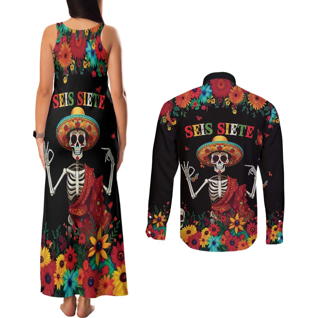 Seis Siete Dia de los Muertos Couples Matching Tank Maxi Dress and Long Sleeve Button Shirt Mexican Funny 67 Calaca Skeleton Sombrero - Wonder Print Shop