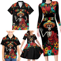 Seis Siete Dia de los Muertos Family Matching Long Sleeve Bodycon Dress and Hawaiian Shirt Mexican Funny 67 Calaca Skeleton Sombrero - Wonder Print Shop
