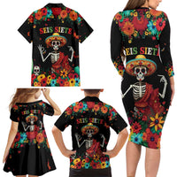 Seis Siete Dia de los Muertos Family Matching Long Sleeve Bodycon Dress and Hawaiian Shirt Mexican Funny 67 Calaca Skeleton Sombrero - Wonder Print Shop