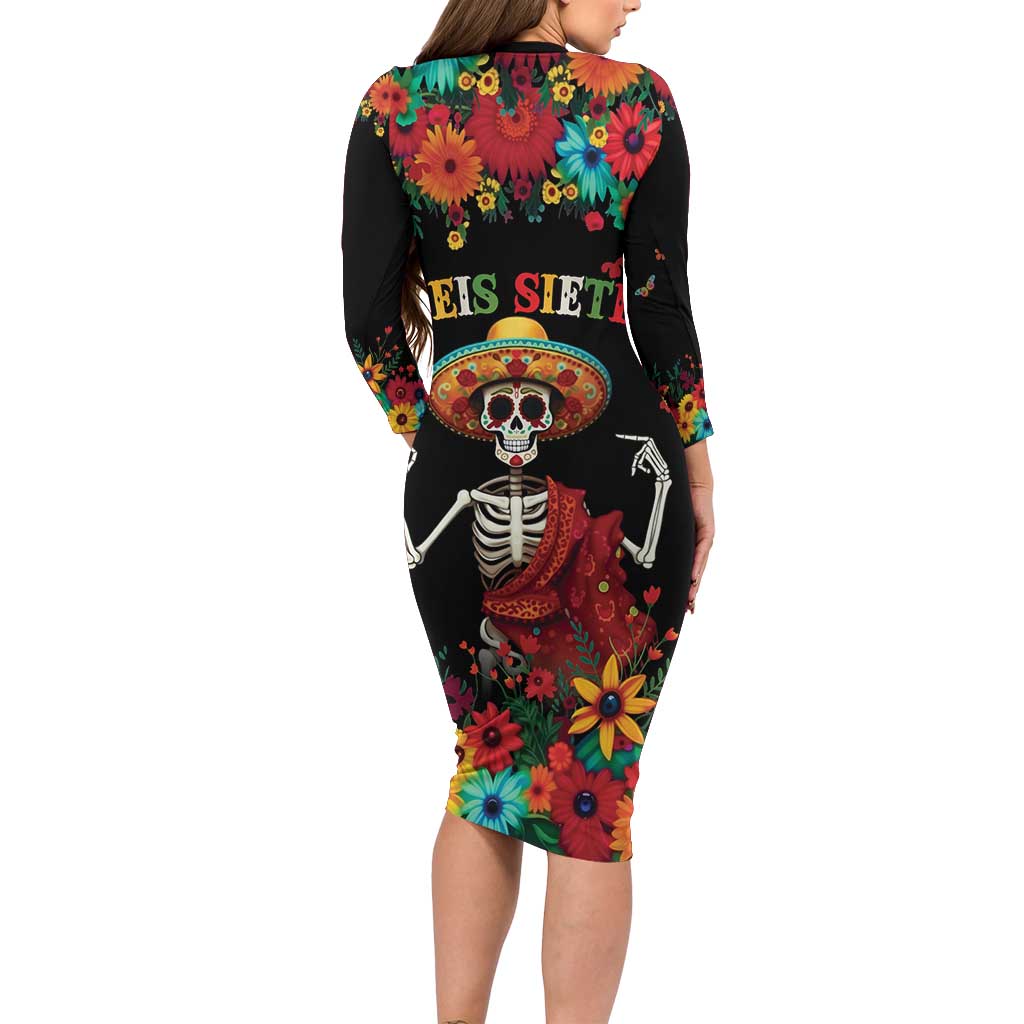 Seis Siete Dia de los Muertos Family Matching Long Sleeve Bodycon Dress and Hawaiian Shirt Mexican Funny 67 Calaca Skeleton Sombrero - Wonder Print Shop