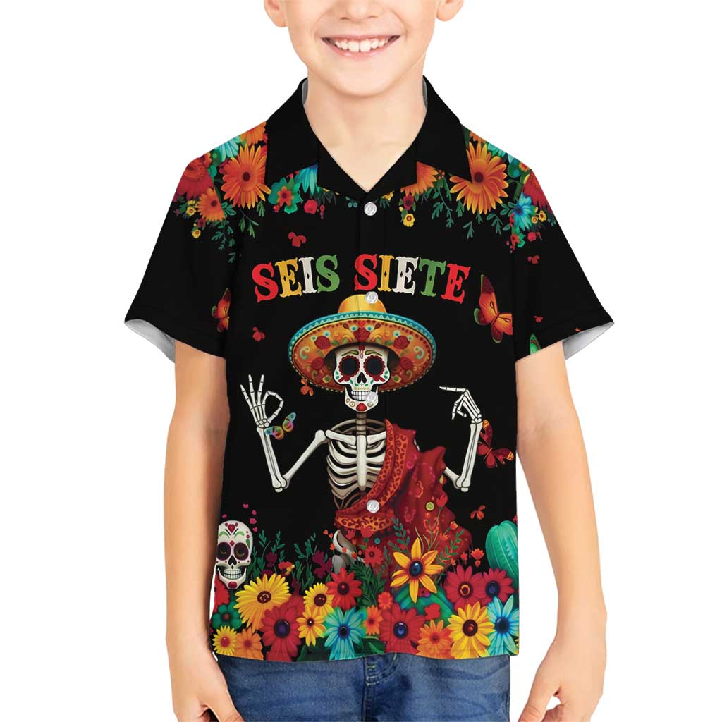 Seis Siete Dia de los Muertos Family Matching Long Sleeve Bodycon Dress and Hawaiian Shirt Mexican Funny 67 Calaca Skeleton Sombrero - Wonder Print Shop