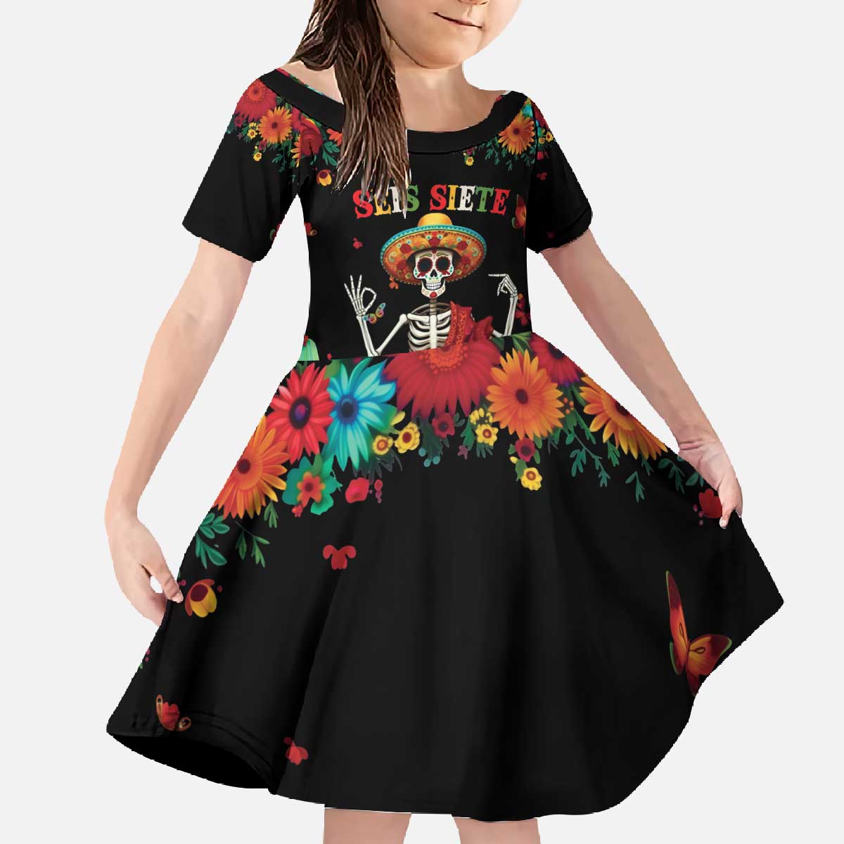 Seis Siete Dia de los Muertos Family Matching Off The Shoulder Long Sleeve Dress and Hawaiian Shirt Mexican Funny 67 Calaca Skeleton Sombrero - Wonder Print Shop