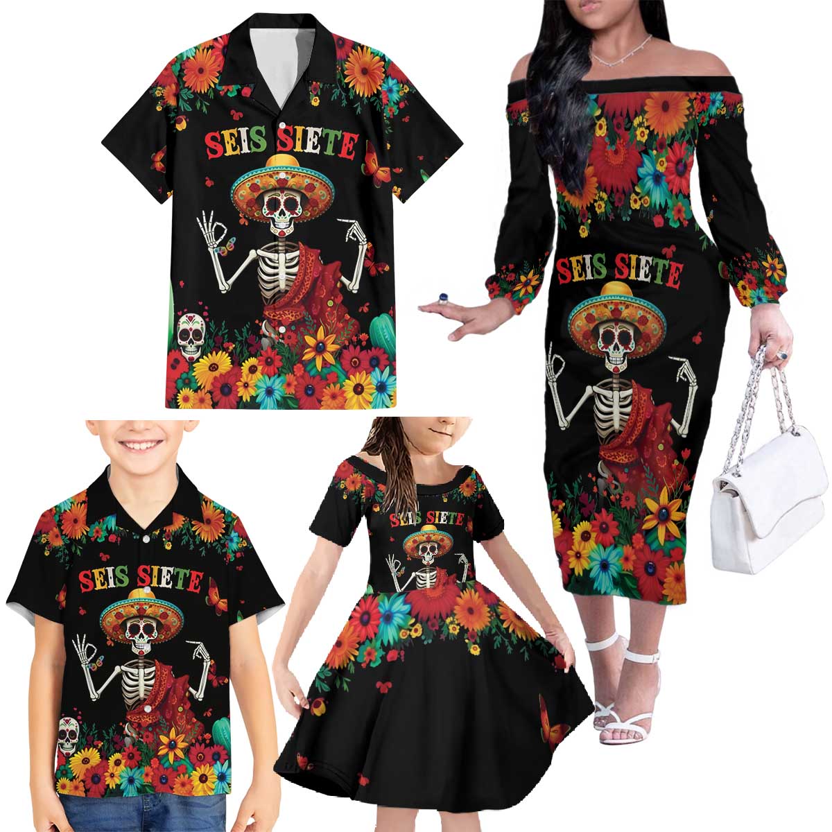 Seis Siete Dia de los Muertos Family Matching Off The Shoulder Long Sleeve Dress and Hawaiian Shirt Mexican Funny 67 Calaca Skeleton Sombrero - Wonder Print Shop