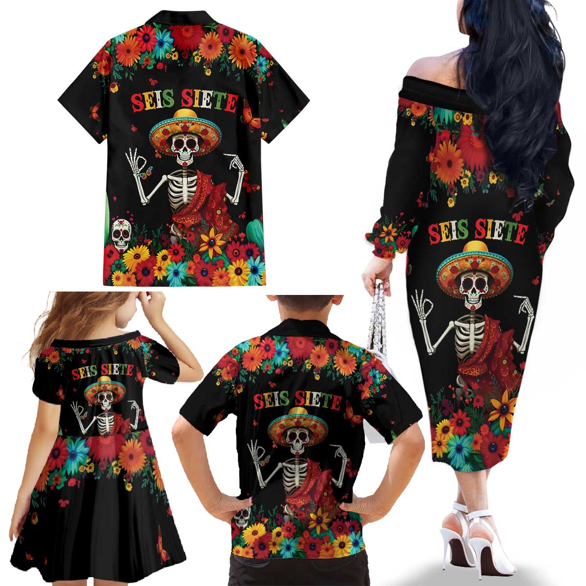 Seis Siete Dia de los Muertos Family Matching Off The Shoulder Long Sleeve Dress and Hawaiian Shirt Mexican Funny 67 Calaca Skeleton Sombrero - Wonder Print Shop